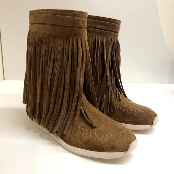 Anthropologie Maison Des Talons Suede Angel Fringe Boot Moccasin Size 10 / EU 40 - Picture 1 of 11
